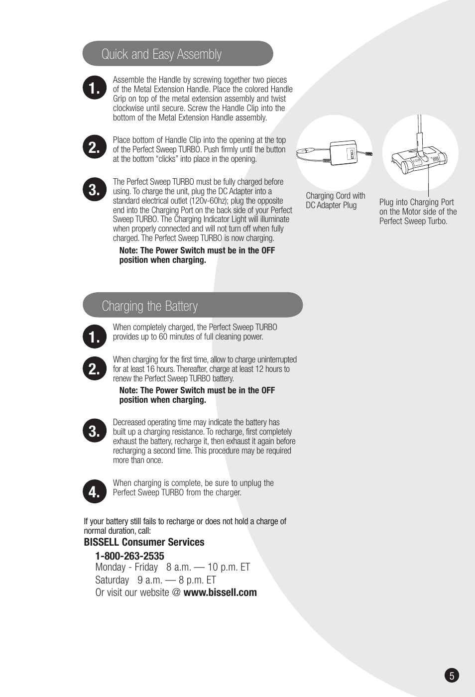 Quick and easy assembly, Charging the battery | Bissell 2810 User Manual | Page 5 / 8