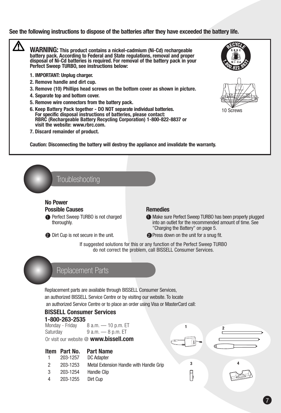 Troubleshooting, Replacement parts, Warning | Bissell 2810 User Manual | Page 7 / 8