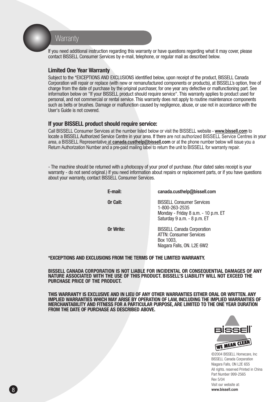 Warranty | Bissell 2810 User Manual | Page 8 / 8