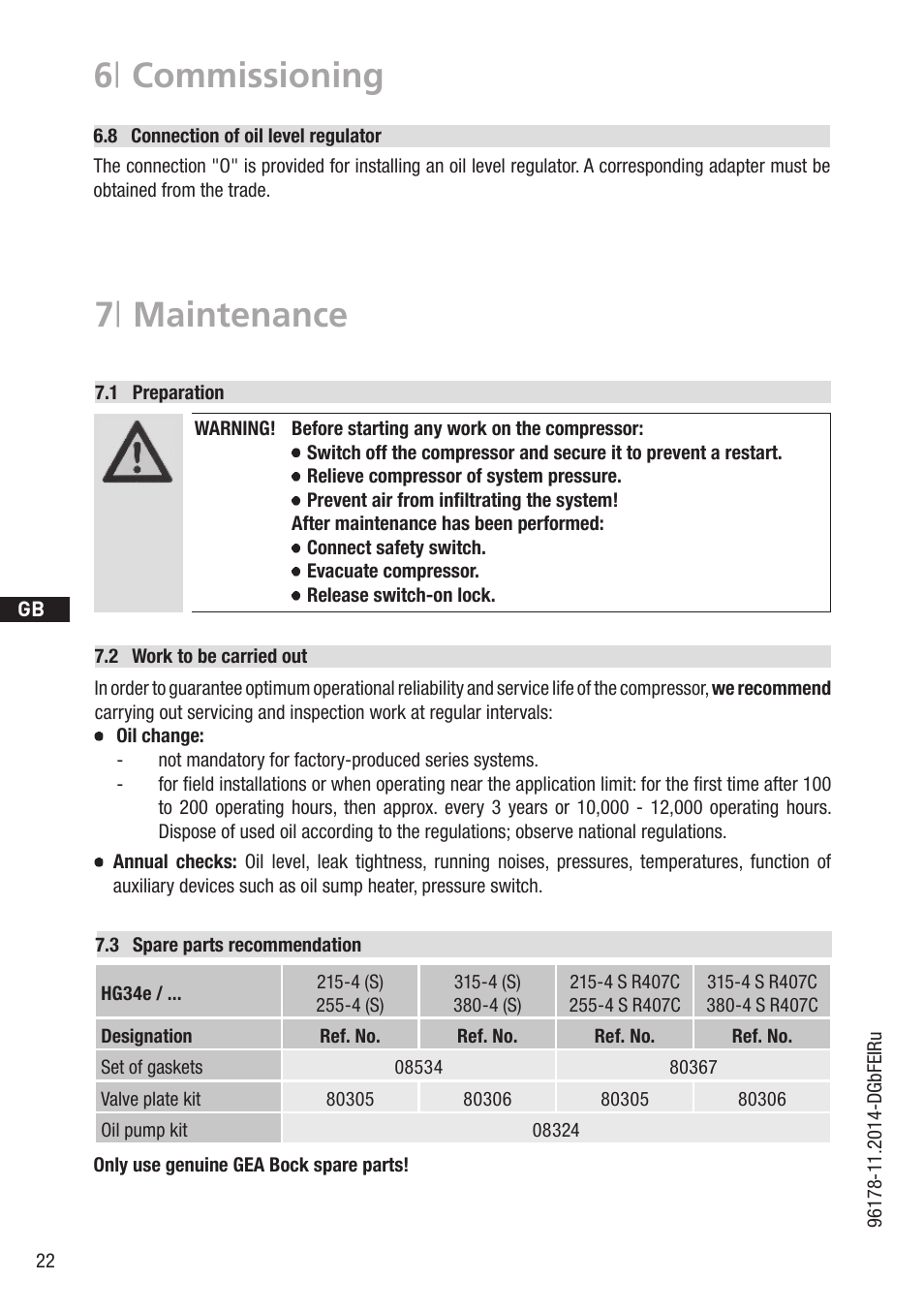 7 | maintenance, 6 | commissioning | GEA Bock HG34e User Manual | Page 22 / 30