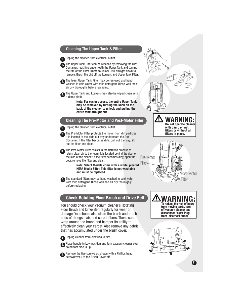 Warning, Check rotating floor brush and drive belt, Post-motor filter pre-motor filter | Bissell 6590 User Manual | Page 11 / 16