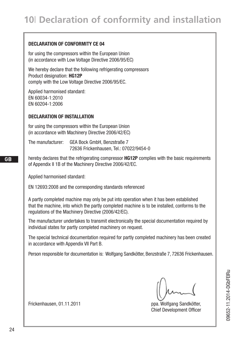 10 | declaration of conformity and installation | GEA Bock HG12Р User Manual | Page 24 / 26