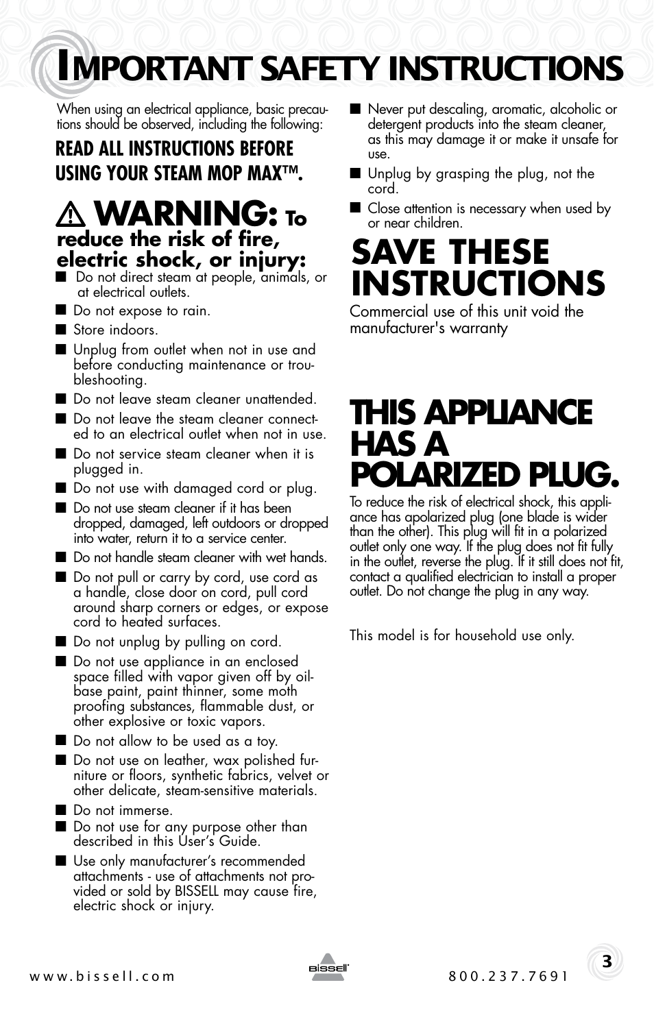 Mportant safety instructions, Warning, Save these instructions | This appliance has a polarized plug | Bissell MAX 21H6 User Manual | Page 3 / 12