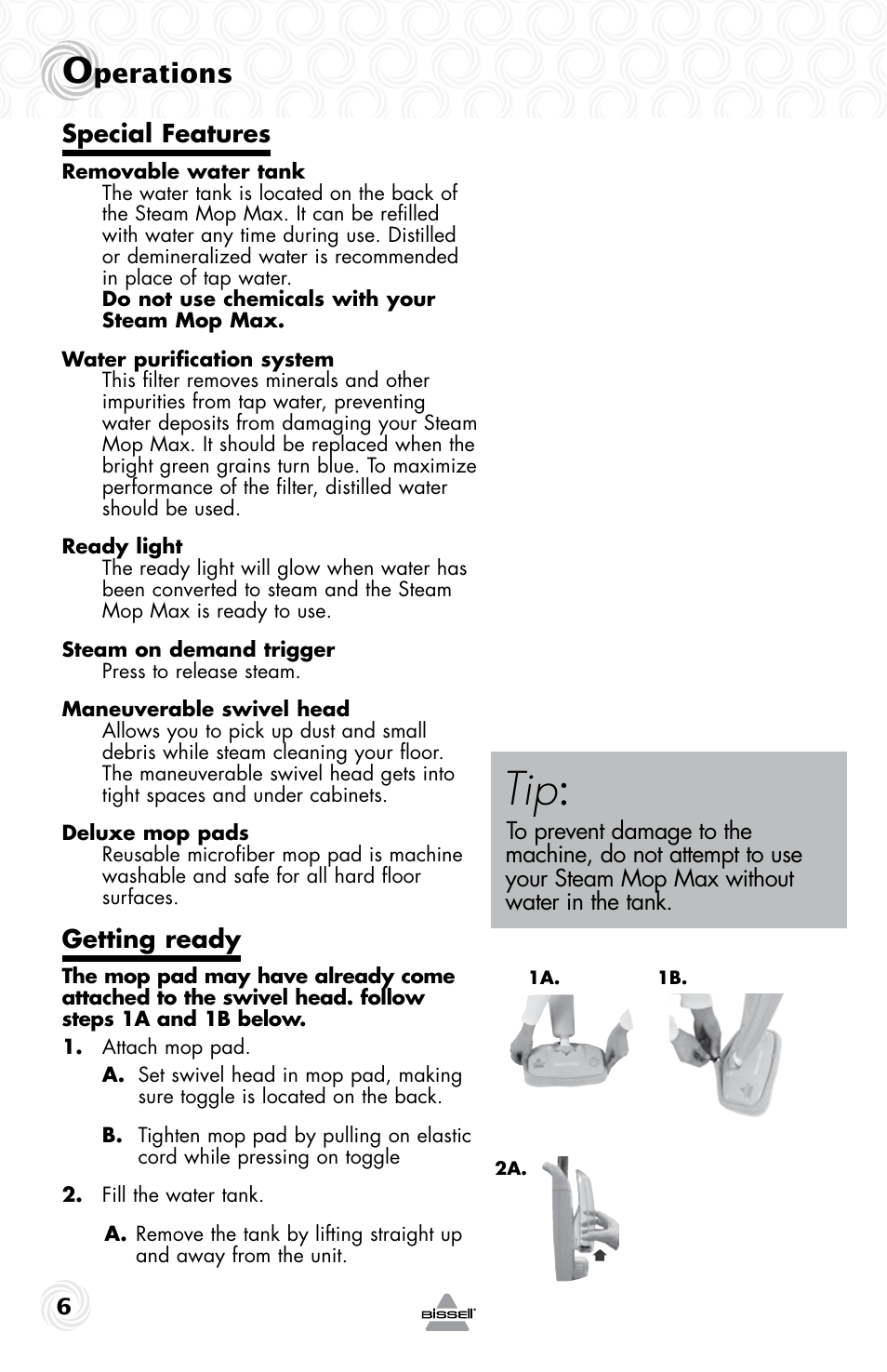 Perations, Special features, Getting ready | Bissell MAX 21H6 User Manual | Page 6 / 12