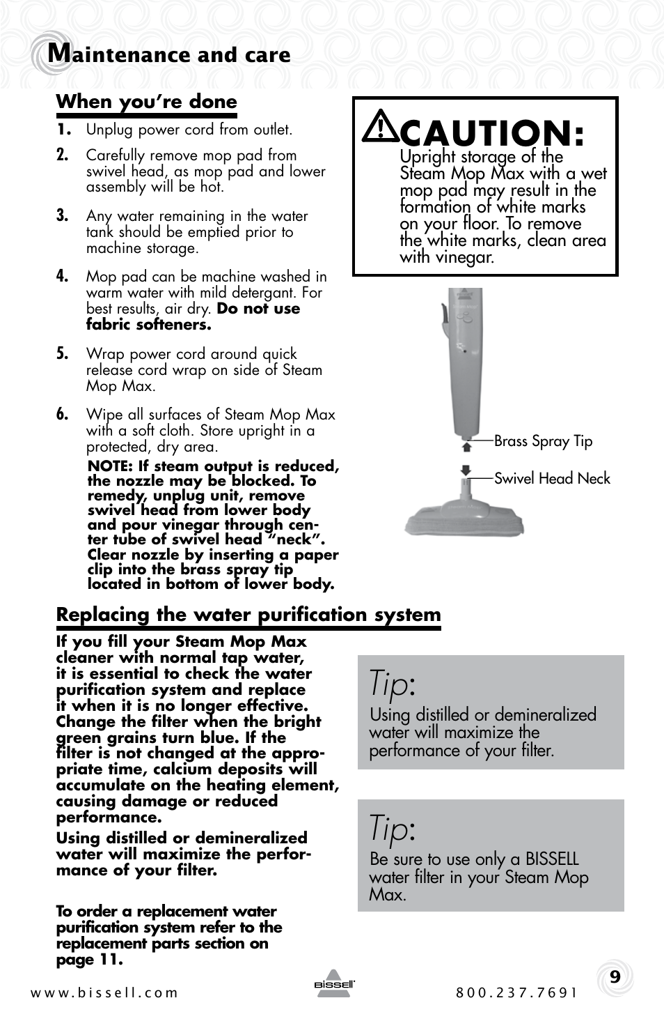 Caution, Aintenance and care | Bissell MAX 21H6 User Manual | Page 9 / 12