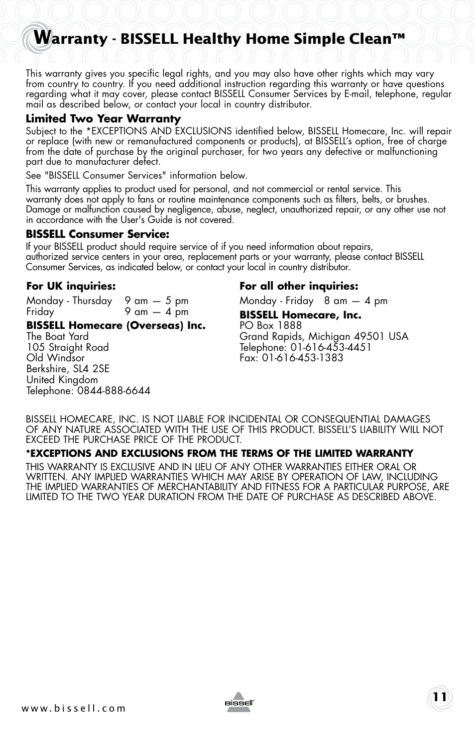 Arranty - bissell healthy home simple clean | Bissell 19K8 User Manual | Page 11 / 12