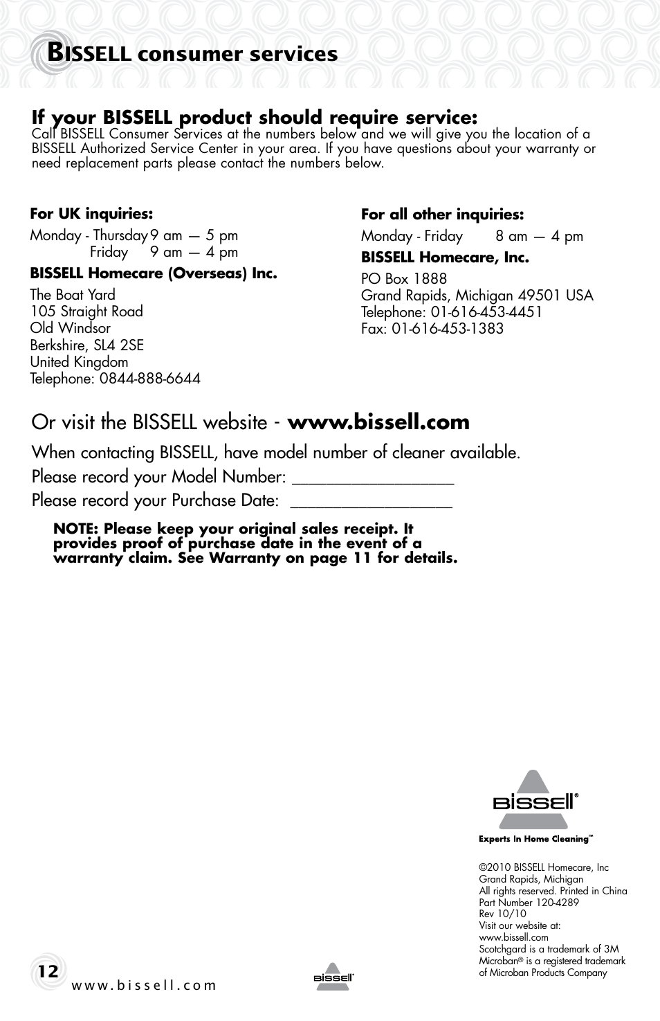 Issell consumer services, If your bissell product should require service | Bissell 19K8 User Manual | Page 12 / 12