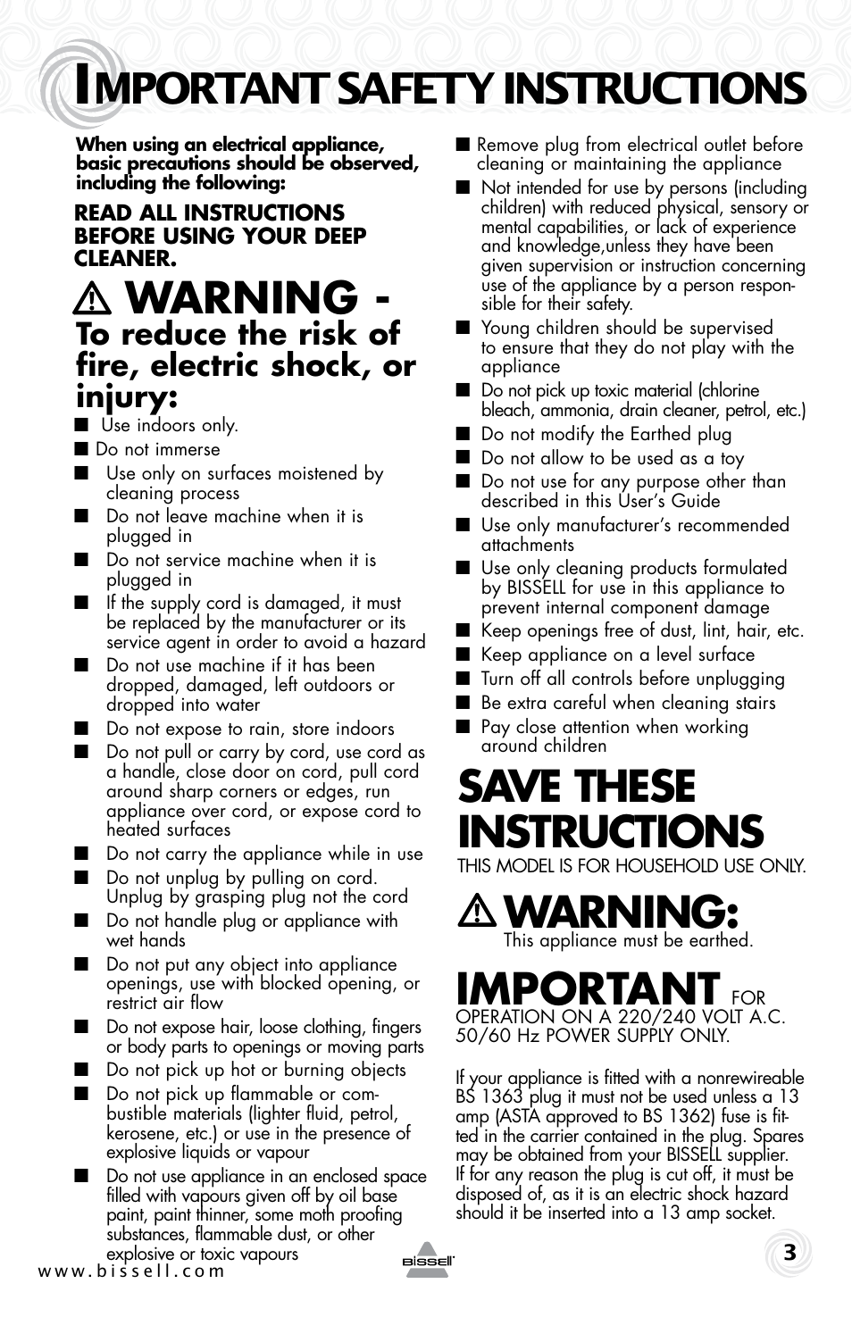 Warning, Save these instructions, Important | Mportant safety instructions | Bissell 19K8 User Manual | Page 3 / 12