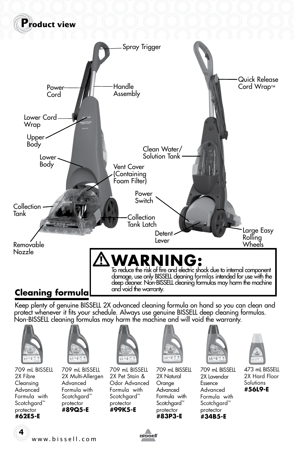 Warning, Cleaning formula, Roduct view | Bissell 19K8 User Manual | Page 4 / 12