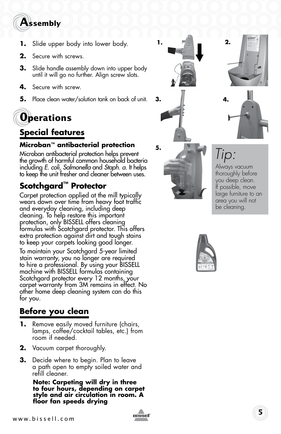 Perations, Special features, Scotchgard | Protector, Before you clean | Bissell 19K8 User Manual | Page 5 / 12