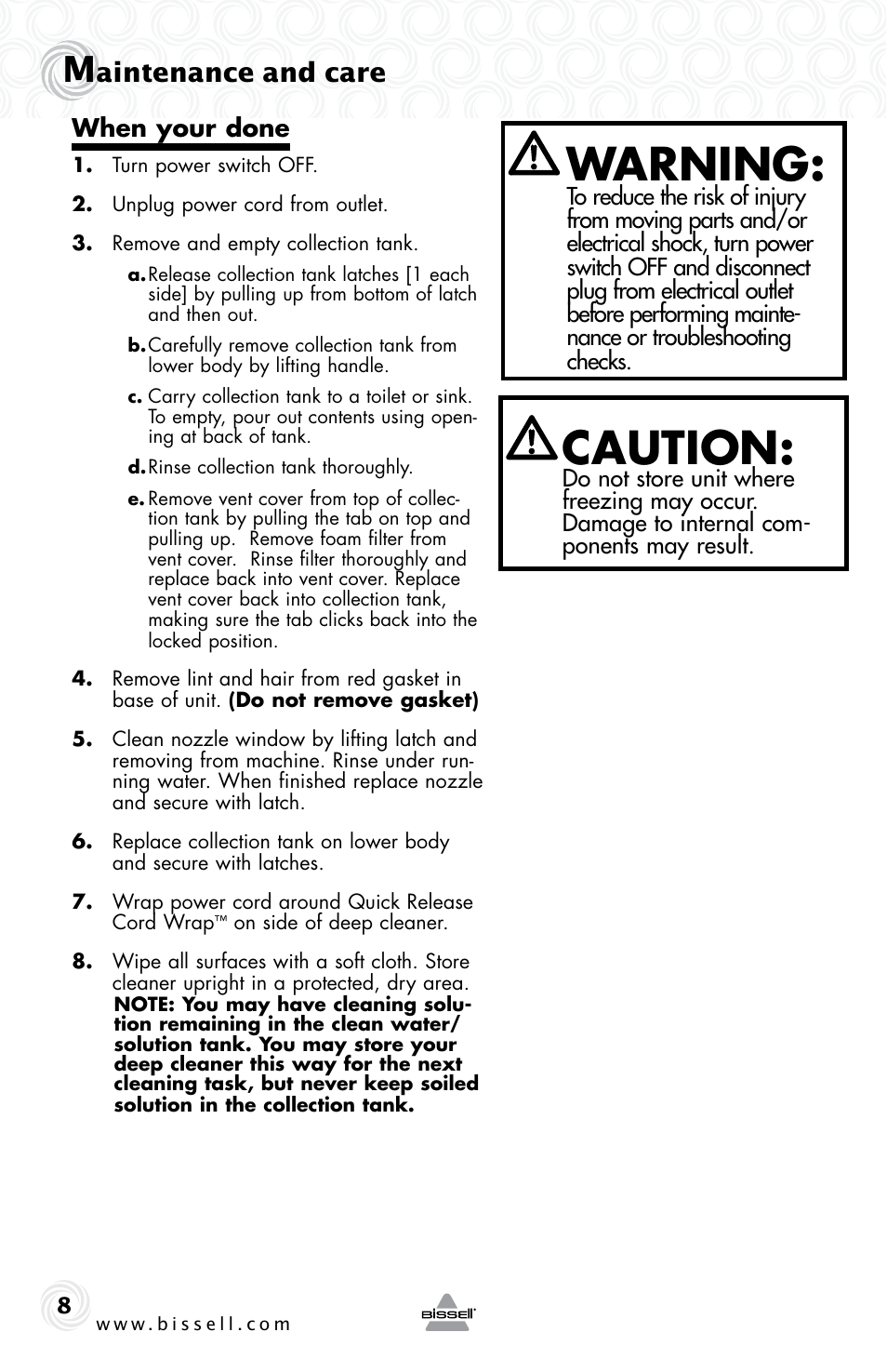 Warning, Caution, Aintenance and care | When your done | Bissell 19K8 User Manual | Page 8 / 12