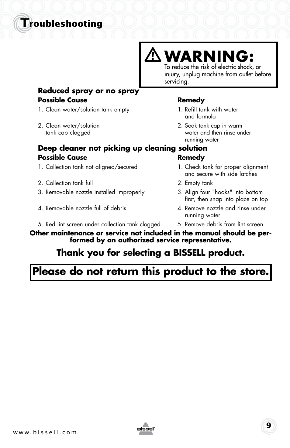 Warning, Please do not return this product to the store, Roubleshooting | Bissell 19K8 User Manual | Page 9 / 12