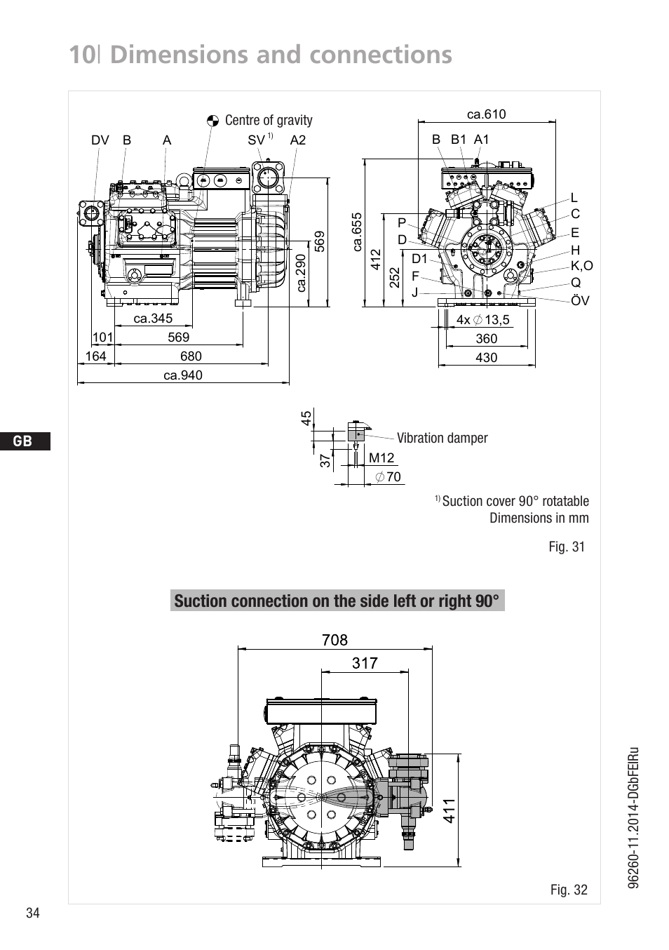 10 | dimensions and connections, Suction connection on the side left or right 90, Fig. 31 fig. 32 | Suction cover 90° rotatable dimensions in mm, Vibration damper, Centre of gravity, B3 2 | GEA Bock HG88e User Manual | Page 34 / 38