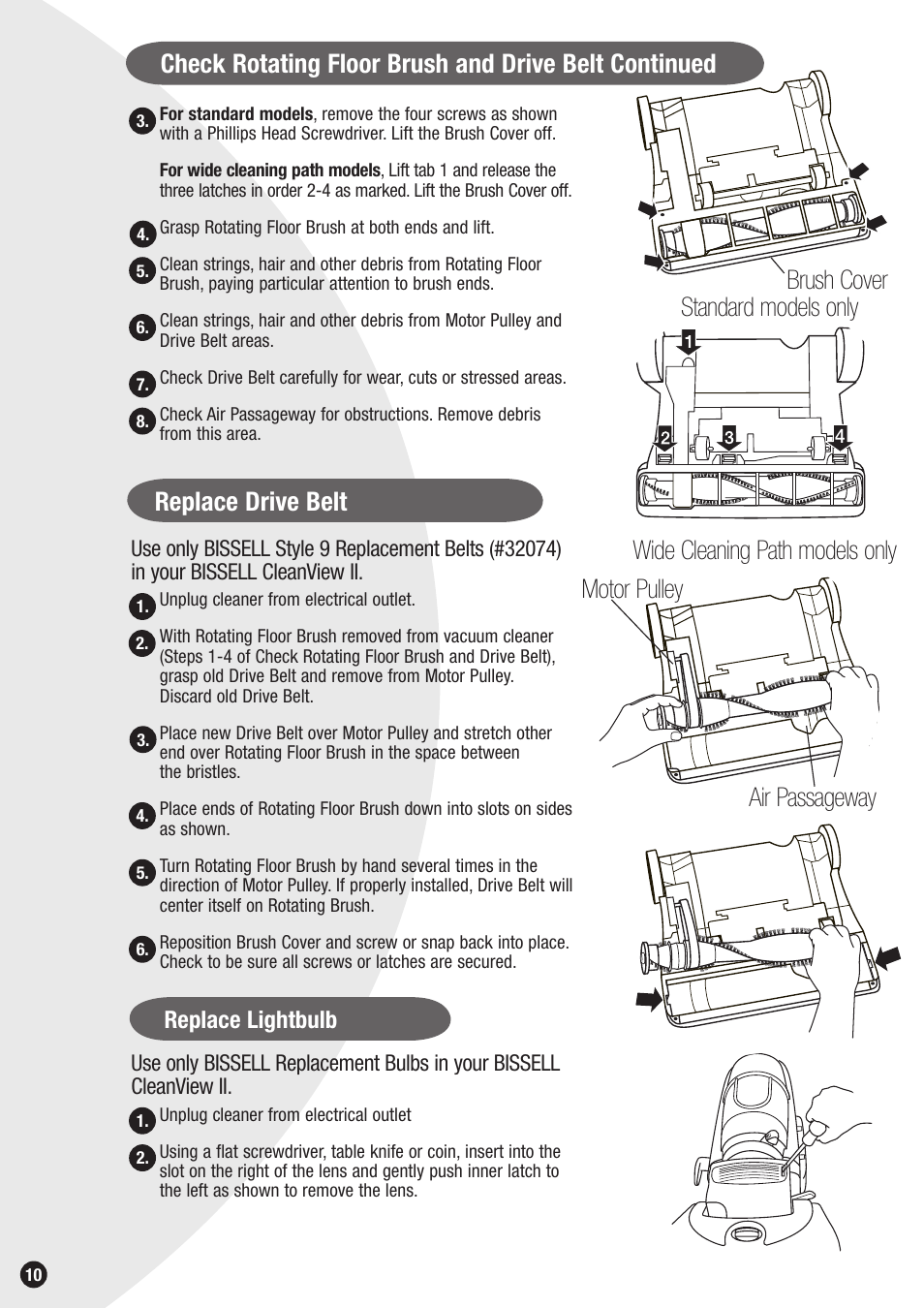 Replace drive belt, Motor pulley, Replace lightbulb | Bissell 20Q9 User Manual | Page 10 / 16