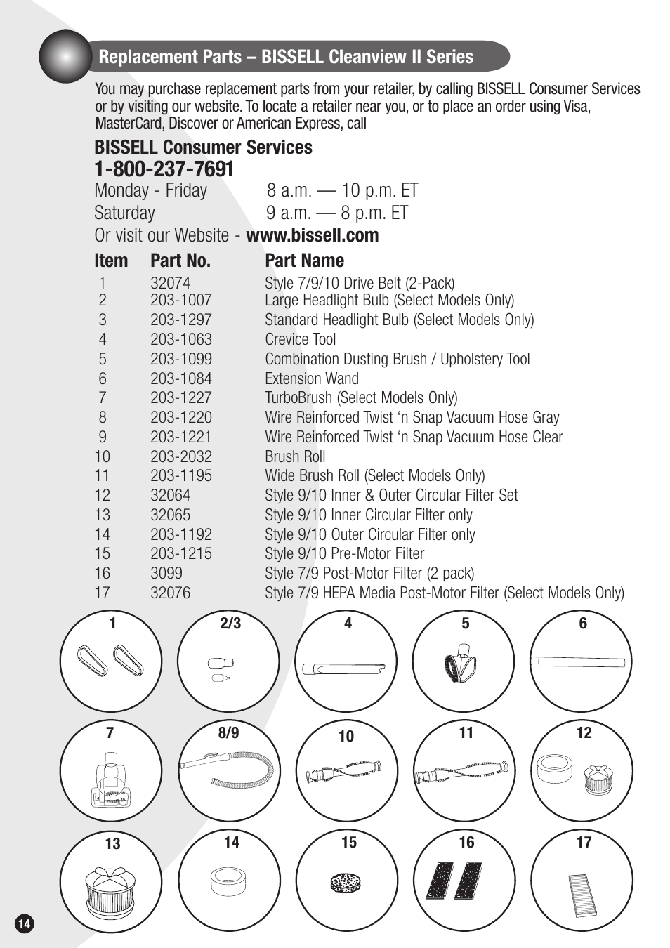 Replacement parts – bissell cleanview ii series, Bissell consumer services, Item part no. part name | Bissell 20Q9 User Manual | Page 14 / 16