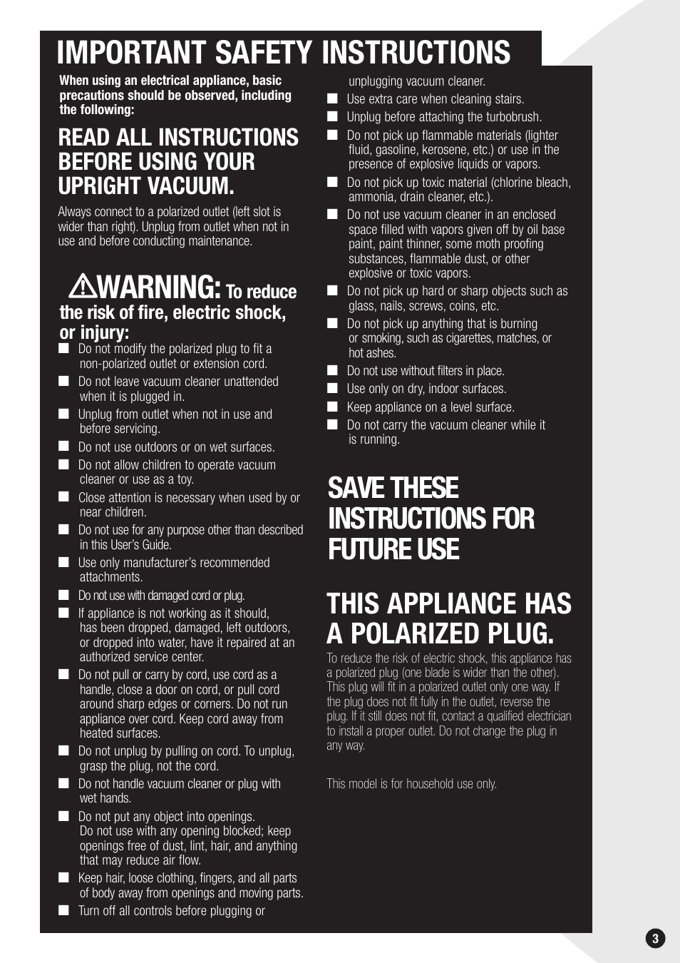 Important safety instructions, Warning, Save these instructions for future use | This appliance has a polarized plug | Bissell 20Q9 User Manual | Page 3 / 16