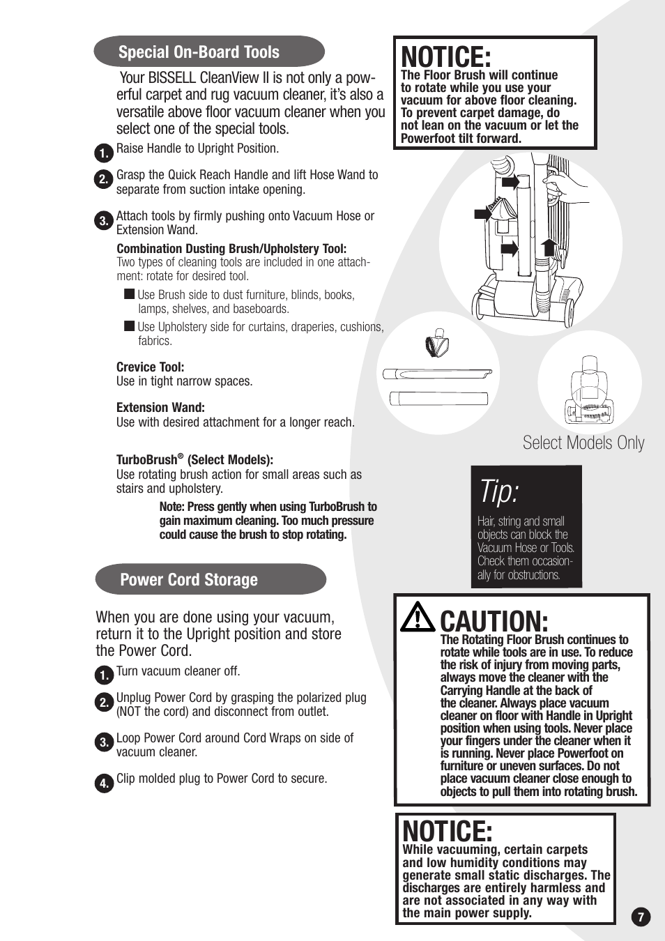 Caution, Notice, Select models only | Bissell 20Q9 User Manual | Page 7 / 16
