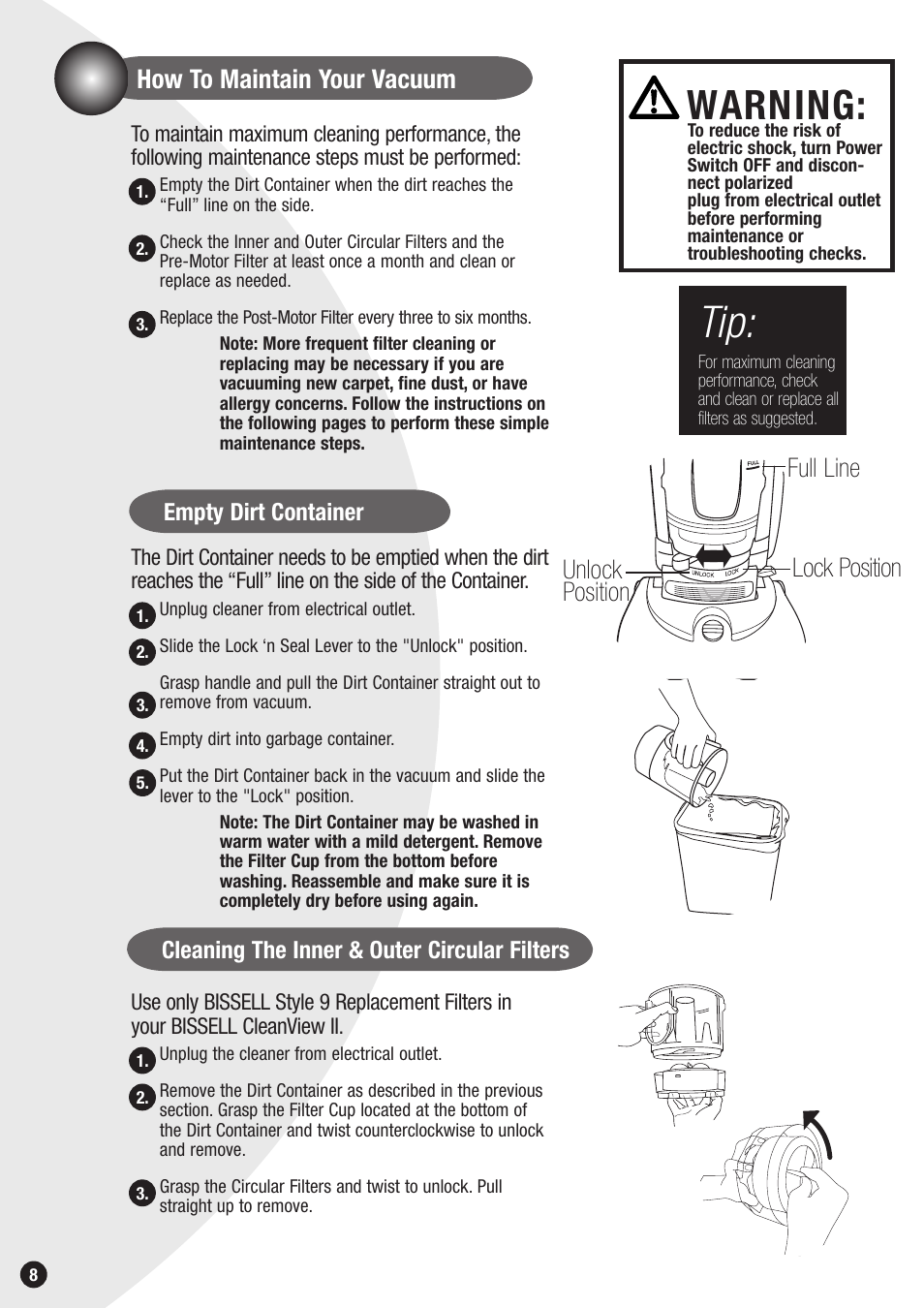 Warning, How to maintain your vacuum, Full line lock position unlock position | Empty dirt container, Cleaning the inner & outer circular filters | Bissell 20Q9 User Manual | Page 8 / 16