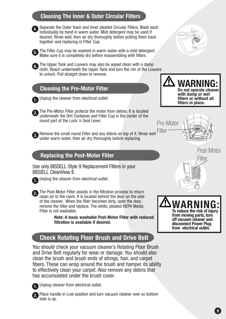 Warning, Pre-motor filter post-motor filter, Check rotating floor brush and drive belt | Bissell 20Q9 User Manual | Page 9 / 16