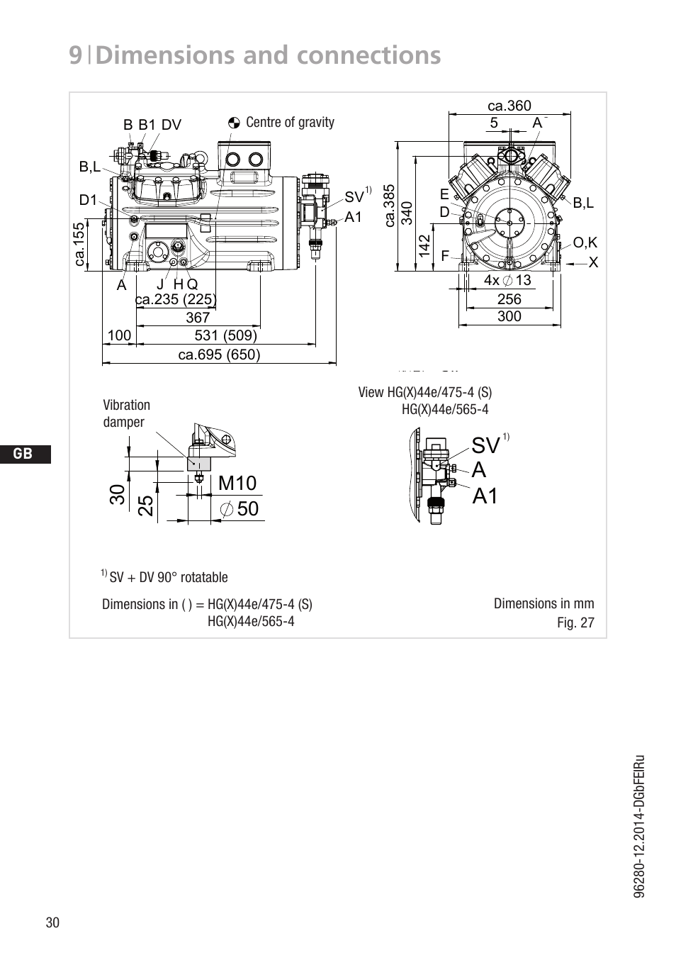 9 | dimensions and connections, Sv a1 a, B3 2 | D gb f e, Fig. 27 dimensions in mm, Zeichn.-nr. / drawing no, Vibration damper | GEA Bock HG44e User Manual | Page 30 / 34