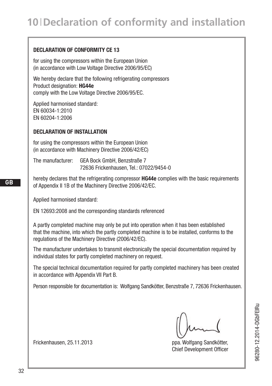 10 | declaration of conformity and installation | GEA Bock HG44e User Manual | Page 32 / 34