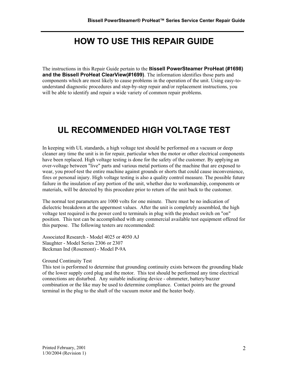 How to use this repair guide, Ul recommended high voltage test | Bissell PROHEAT PRO-TECH 7920 User Manual | Page 3 / 22