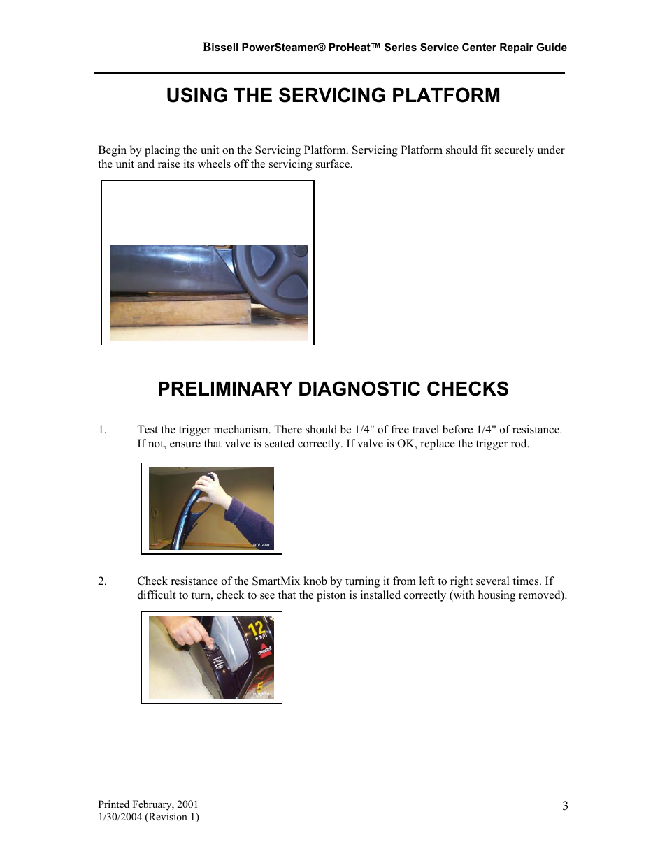 Using the servicing platform, Preliminary diagnostic checks | Bissell PROHEAT PRO-TECH 7920 User Manual | Page 4 / 22