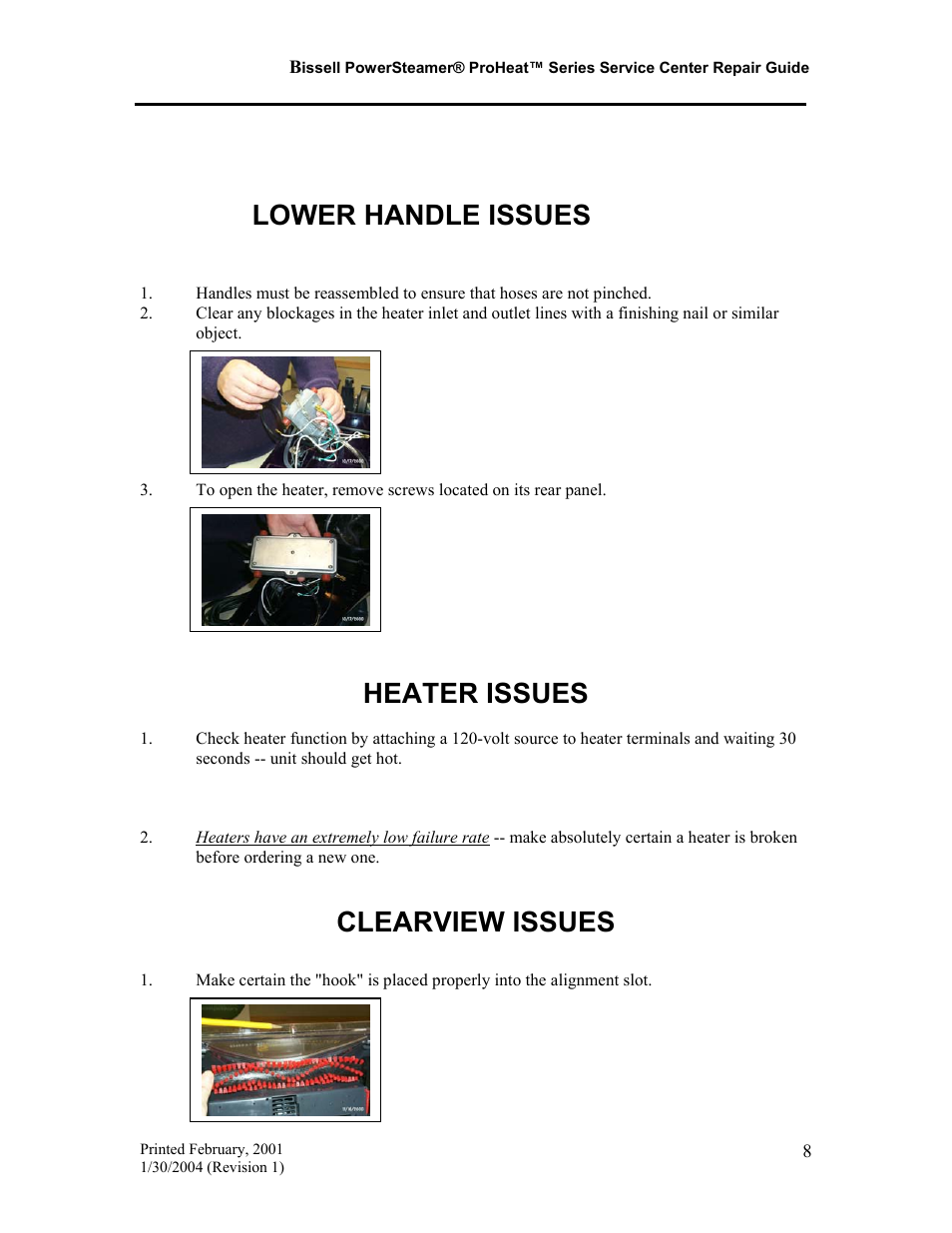 Lower handle issues, Heater issues, Clearview issues | Bissell PROHEAT PRO-TECH 7920 User Manual | Page 9 / 22