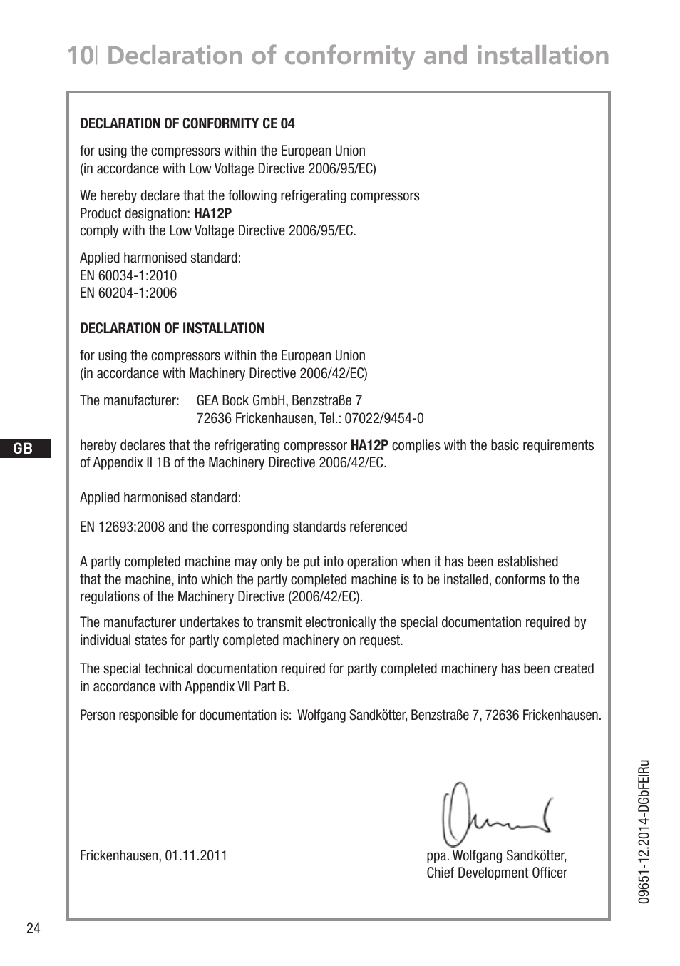 10 | declaration of conformity and installation | GEA Bock HA12P User Manual | Page 24 / 26