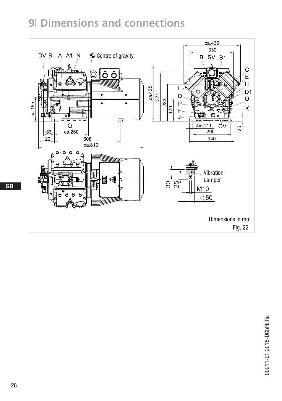 9 | dimensions and connections, Dimensions in mm fig. 22 centre of gravity, Vibration damper | Qa dv b a1 n, Numéro de plan, Zeichn.-nr. / drawing no, Zeichn.-nr. teile-nr | GEA Bock HA5 User Manual | Page 28 / 32