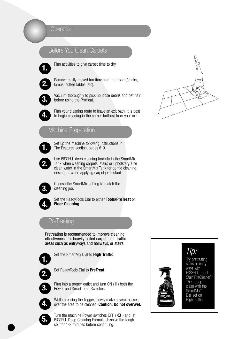 Operation, Machine preparation pretreating, Before you clean carpets | Bissell ProHeat 7950 User Manual | Page 10 / 24