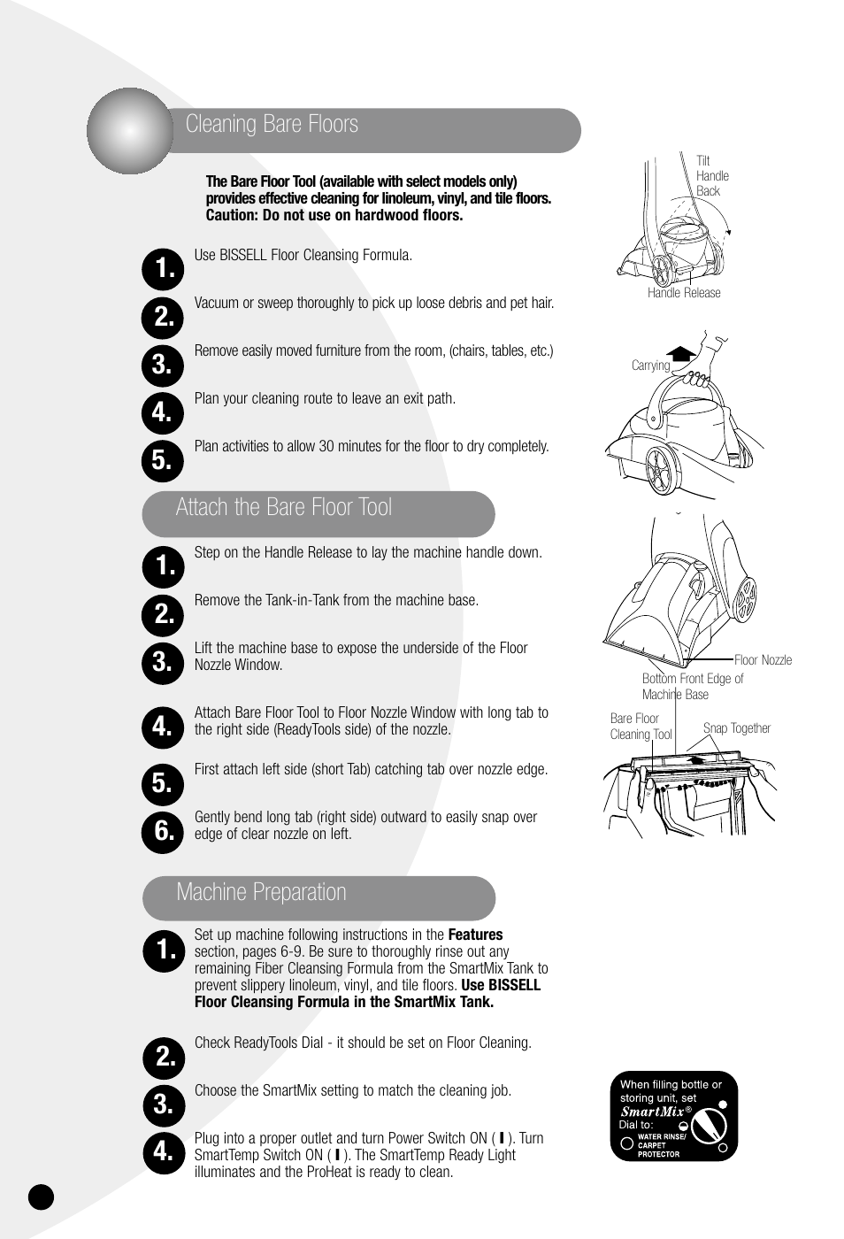 Machine preparation, Cleaning bare floors attach the bare floor tool | Bissell ProHeat 7950 User Manual | Page 16 / 24