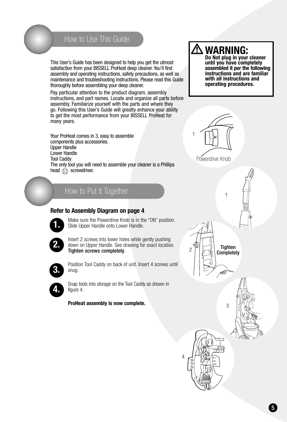 Warning, How to put it together how to use this guide | Bissell ProHeat 7950 User Manual | Page 5 / 24