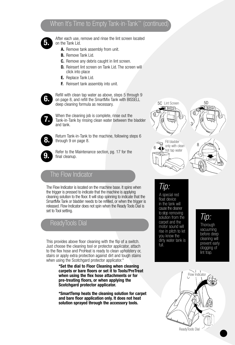 When it’s time to empty tank-in-tank, Continued), The flow indicator readytools dial | Bissell ProHeat 7950 User Manual | Page 9 / 24