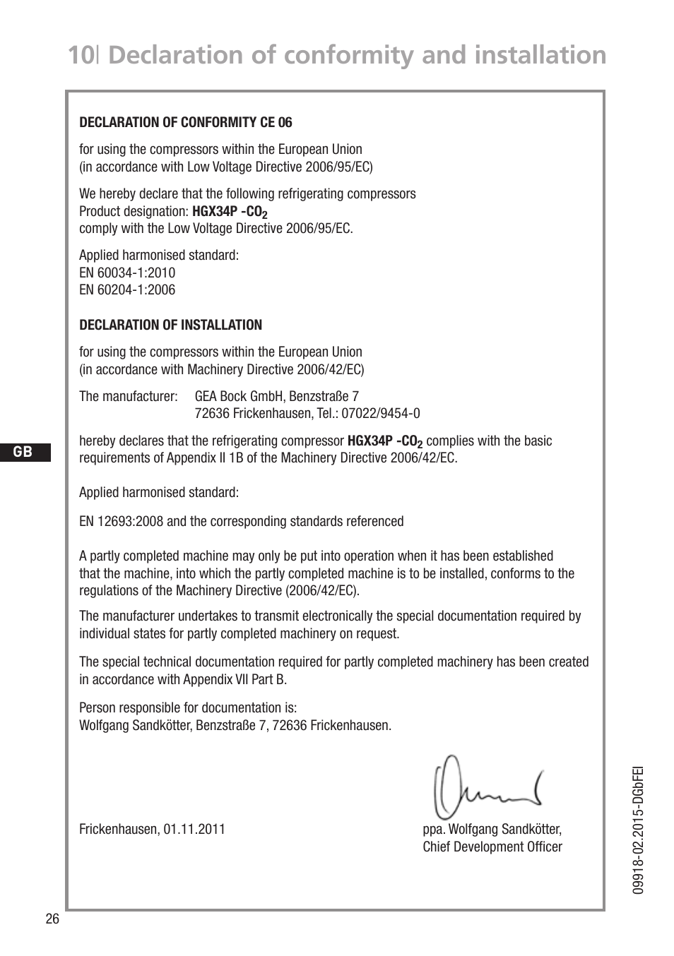 10 | declaration of conformity and installation | GEA Bock HG34P CO2 User Manual | Page 26 / 28