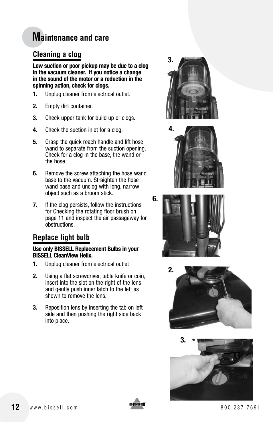 Aintenance and care | Bissell Cleanview Helix 22C1 User Manual | Page 12 / 16