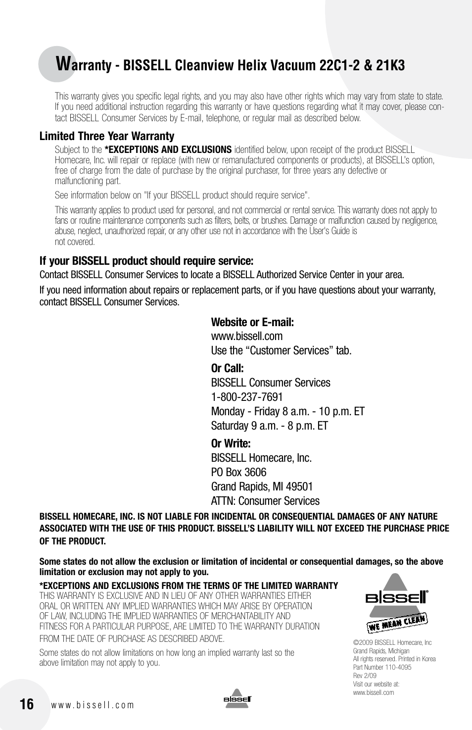 Bissell Cleanview Helix 22C1 User Manual | Page 16 / 16