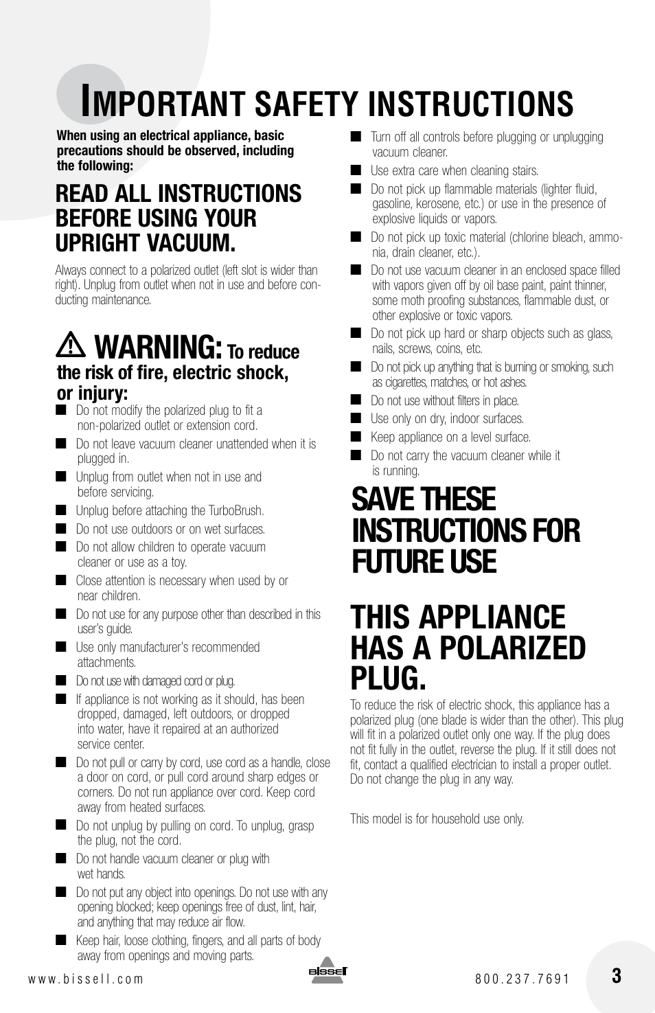 Mportant safety instructions, Warning | Bissell Cleanview Helix 22C1 User Manual | Page 3 / 16