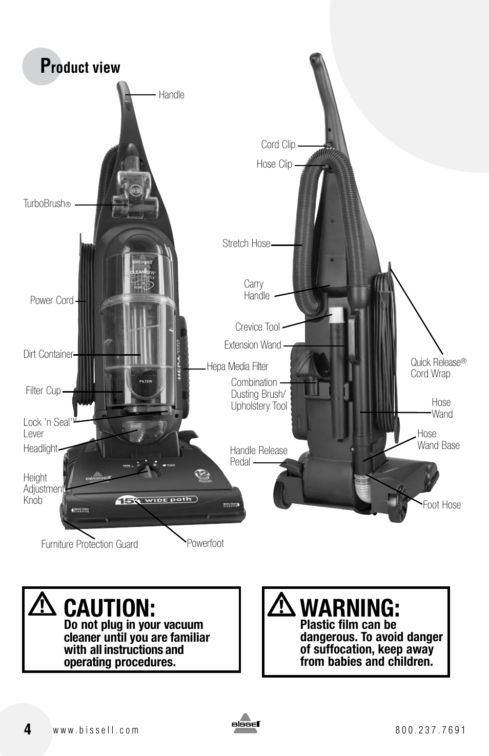 Warning, Caution, Roduct view 4 | Bissell Cleanview Helix 22C1 User Manual | Page 4 / 16