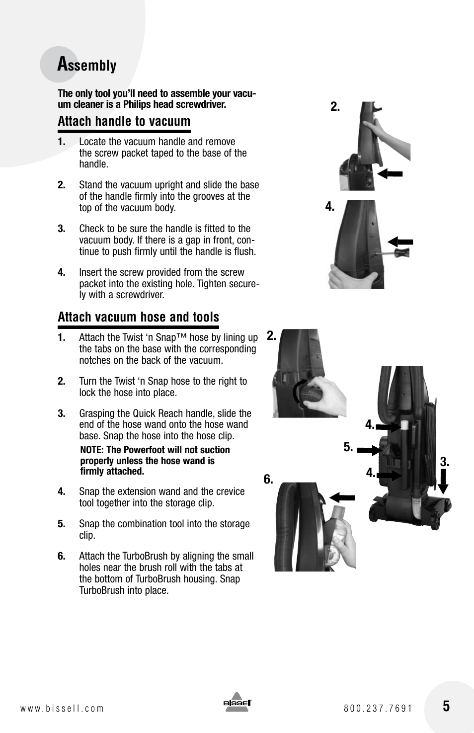 Ssembly, Attach handle to vacuum, Attach vacuum hose and tools | Bissell Cleanview Helix 22C1 User Manual | Page 5 / 16