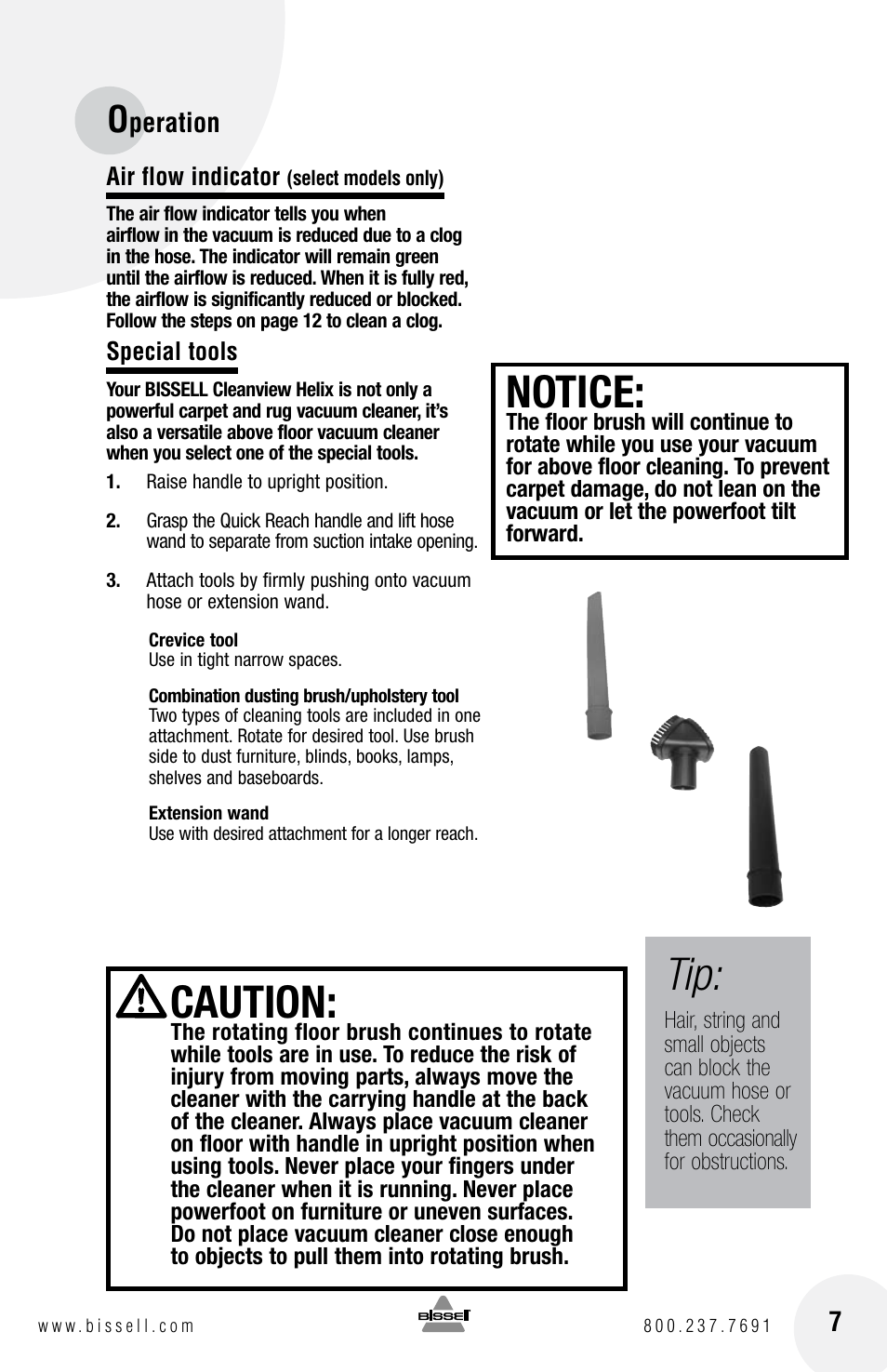 Caution, Notice, Peration 7 | Bissell Cleanview Helix 22C1 User Manual | Page 7 / 16