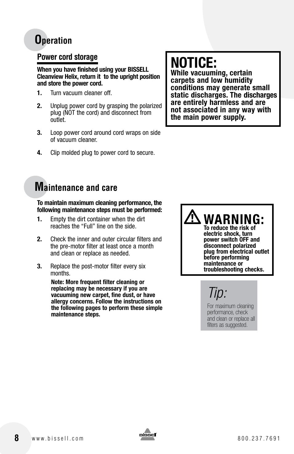 Notice, Warning, Peration | Aintenance and care | Bissell Cleanview Helix 22C1 User Manual | Page 8 / 16
