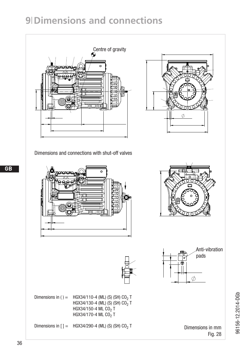 9 | dimensions and connections, D gb f e, Dimensions in mm fig. 28 | Dv x, Hd1 l b2 x2 f x1, B2 o j1 k e a2, Aa1 x sv, B3 2, B1 b, Centre of gravity | GEA Bock HGX34 CO2 T User Manual | Page 36 / 40