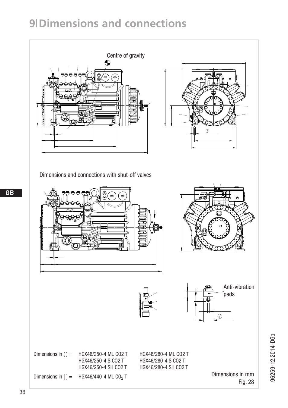 9 | dimensions and connections, D gb f e, Dimensions in mm fig. 28 | Anti-vibration pads centre of gravity, Dimensions and connections with shut-off valves, Aa1 x sv dv x, B1 b, B3 2, B2 o e k j1 a2, X2 d1 l h f b2 x1 | GEA Bock HGX46 CO2 T User Manual | Page 36 / 40