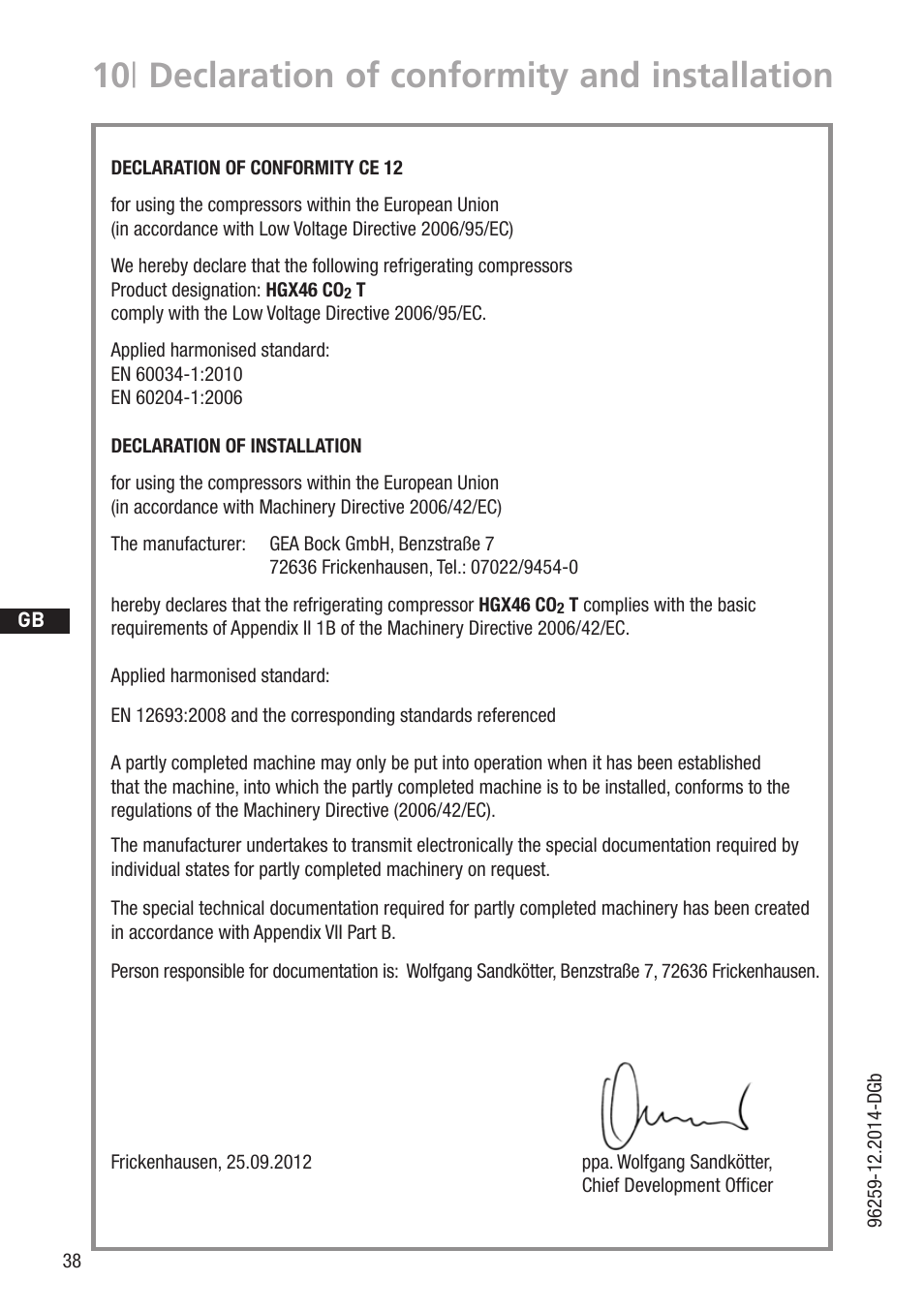 10 | declaration of conformity and installation | GEA Bock HGX46 CO2 T User Manual | Page 38 / 40