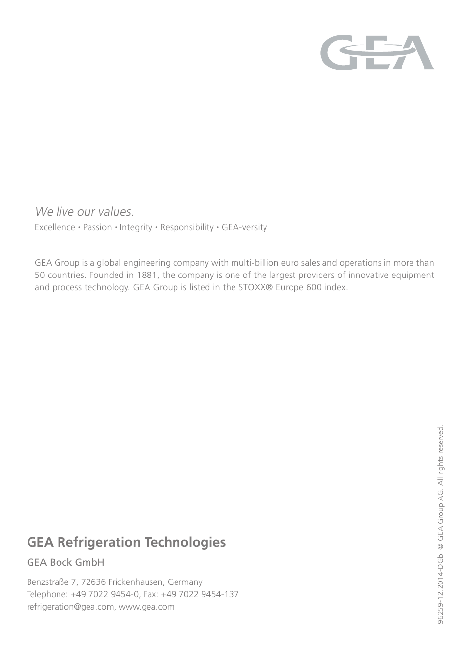 Gea refrigeration technologies, We live our values, D gb f e | GEA Bock HGX46 CO2 T User Manual | Page 40 / 40