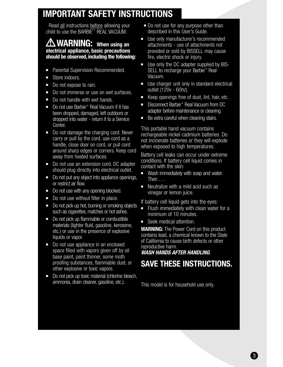 Important safety instructions, Warning, Save these instructions | Wash immediately with soap and water. then, Seek medical attention | Bissell 3600 User Manual | Page 3 / 8