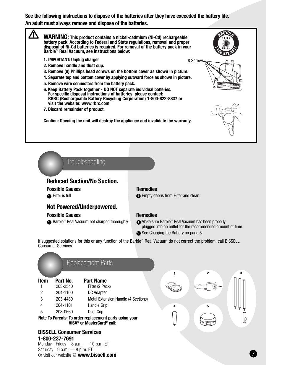 Troubleshooting, Replacement parts, Warning | Reduced suction/no suction, Not powered/underpowered | Bissell 3600 User Manual | Page 7 / 8