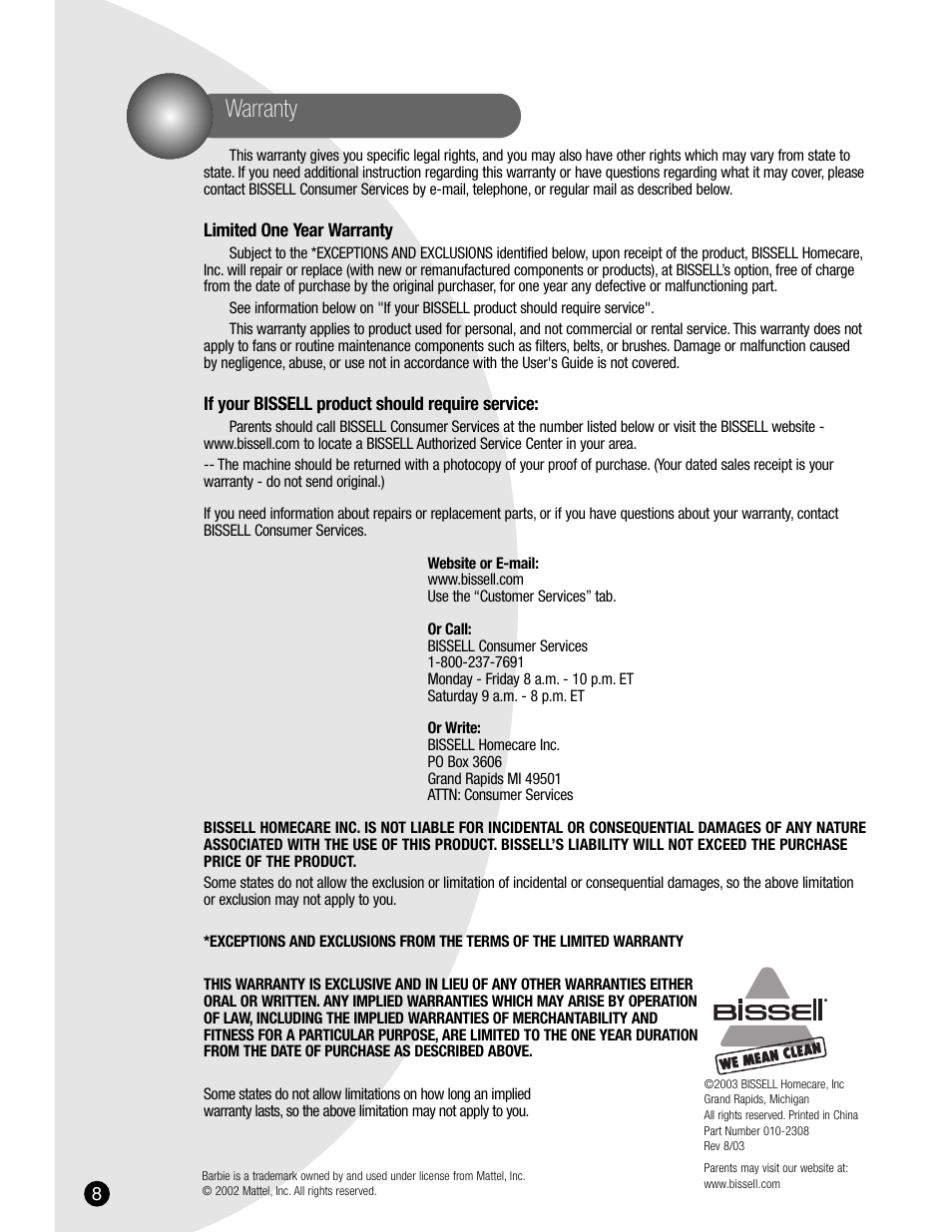 Warranty | Bissell 3600 User Manual | Page 8 / 8