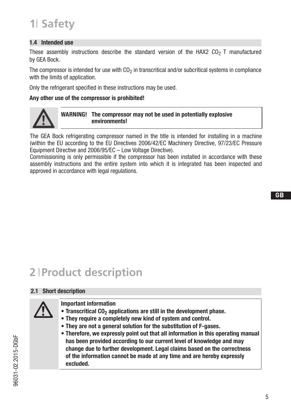 1 | safety, 2 | product description | GEA Bock HAX2 CO2 T User Manual | Page 5 / 28